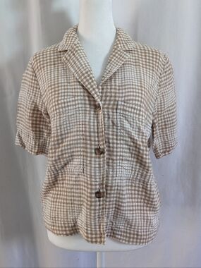 Everlane 100% Linen Gingham Button Front Short Sleeve Shirt Tan White Size XXS